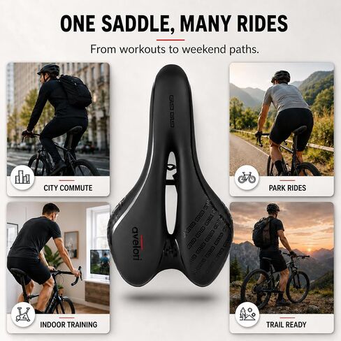MTB Bike Seat with Rain Cover Included, Padded Bicycle Saddle with Center Cutout, Memory Foam, PU Synthetic Leather Surface, Springless Dual-Rail Mount, for Indoor Cycling and Outdoor Bikes in Kuwait