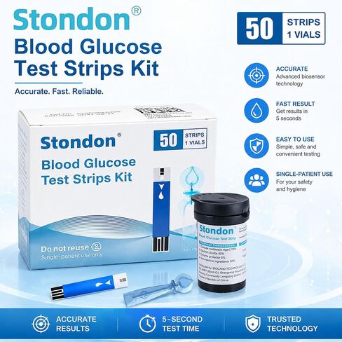 Stondon Blood Glucose Test Strips and Lancets, 50 Test Strips + 50 Lancets, Compatible with Stondon G430/G520/G425-3 Glucose Meters, No Coding Blood Sugar Testing Supplies in Kuwait
