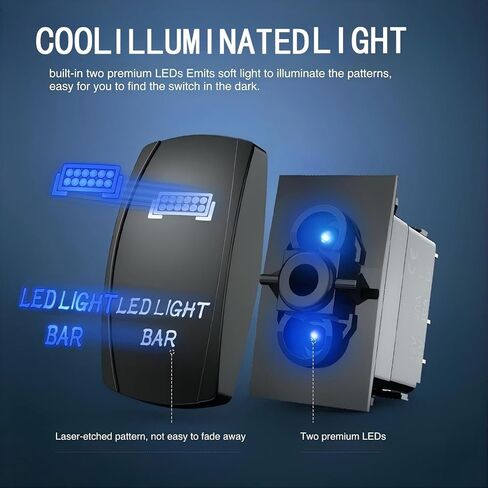مفتاح هزاز SPST ذو 5 دبابيس مع شريط إضاءة LED، تشغيل/إيقاف محفور بالليزر، 20 أمبير/12 فولت 10 أمبير/24 فولت، أسلاك توصيل سلكية مسبقًا لشاحنة قارب جيب البحرية in Kuwait