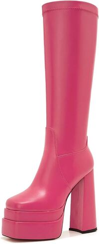 ZXHYZLZ Women's Wide Calf Knee High Suede Platform Boots – Chunky High Heel Stretch Pull-On Tall Boots for Plus Size Legs in Saudi Arabia