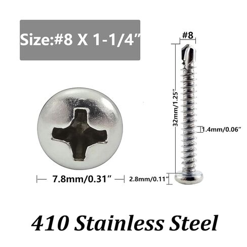 #8 x 1-1/4" Pan Head Self Drilling Screws, 410 Stainless Steel Cross Recessed Self Tapping Sheet Metal Tek Screws, 60 PCS for Industrial and Construction Use in Kuwait
