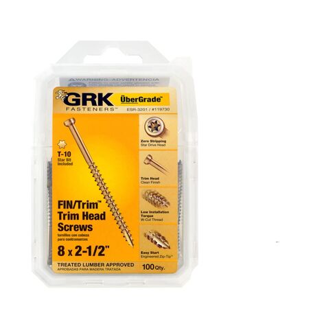 مثبتات GRK #8 × 2-1/2 بوصة تشطيب ومسامير تشذيب، 100 قطعة، داخلي/خارجي للخشب المعالج، مع طلاء Climatek™ المقاوم للصدأ، تجويف Star Drive، يتضمن T-10 بت، ذهبي (6 عبوات؛ 600 عدد) in Kuwait