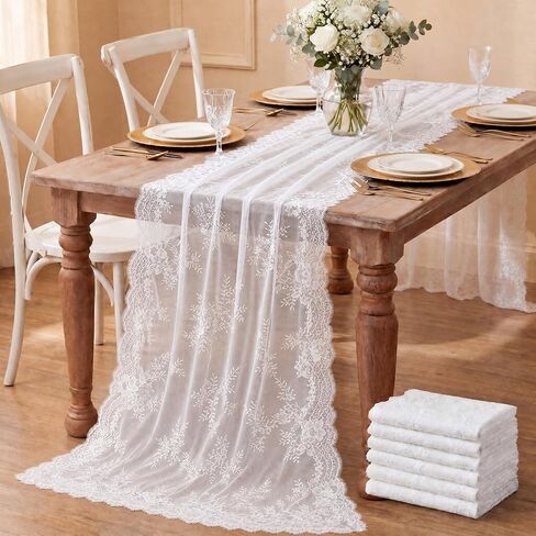 Remagr 6 Pcs White Lace Table Runner 30 x 120 Inch Vintage Rustic Boho Table Runners Embroidered Floral Lace Decor for Wedding Party Bridal Shower Baby Shower in Kuwait