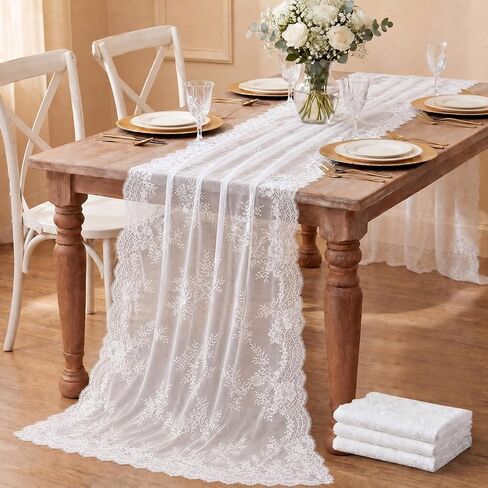 Remagr 6 Pcs White Lace Table Runner 30 x 120 Inch Vintage Rustic Boho Table Runners Embroidered Floral Lace Decor for Wedding Party Bridal Shower Baby Shower in Kuwait