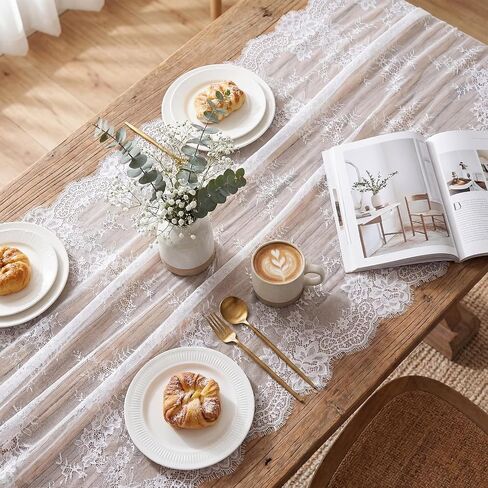 Remagr 6 Pcs White Lace Table Runner 30 x 120 Inch Vintage Rustic Boho Table Runners Embroidered Floral Lace Decor for Wedding Party Bridal Shower Baby Shower in Kuwait