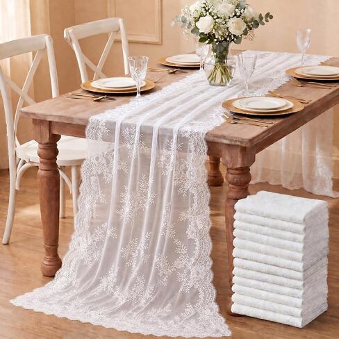 Remagr 6 Pcs White Lace Table Runner 30 x 120 Inch Vintage Rustic Boho Table Runners Embroidered Floral Lace Decor for Wedding Party Bridal Shower Baby Shower in Kuwait