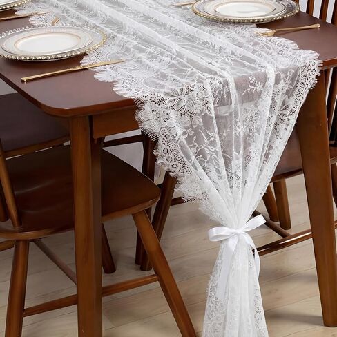 Remagr 6 Pcs White Lace Table Runner 30 x 120 Inch Vintage Rustic Boho Table Runners Embroidered Floral Lace Decor for Wedding Party Bridal Shower Baby Shower in Kuwait