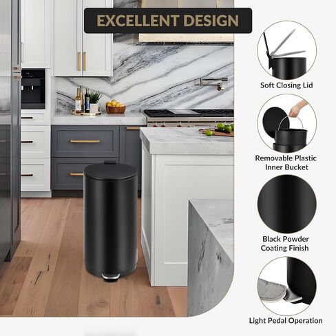 Towallmark 30L/8Gal Round Trash Can, Stainless Steel Garbage Can with Soft Close Lid, Step-On Garbage Bin with Removable Inner Bucket and Foot Pedal, Removable Inner Bucket for Living Room, Kitchen in Kuwait