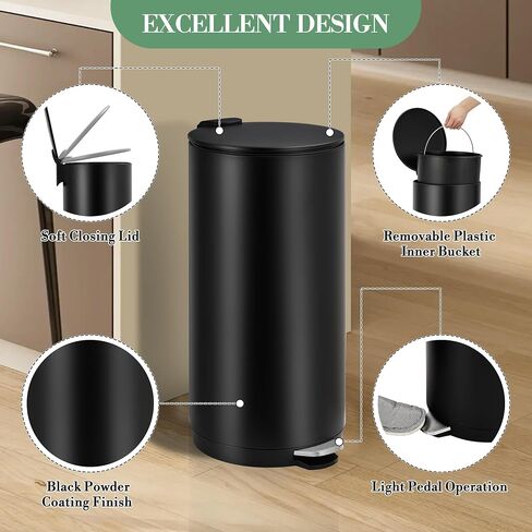Towallmark 30L/8Gal Round Trash Can, Stainless Steel Garbage Can with Soft Close Lid, Step-On Garbage Bin with Removable Inner Bucket and Foot Pedal, Removable Inner Bucket for Living Room, Kitchen in Kuwait