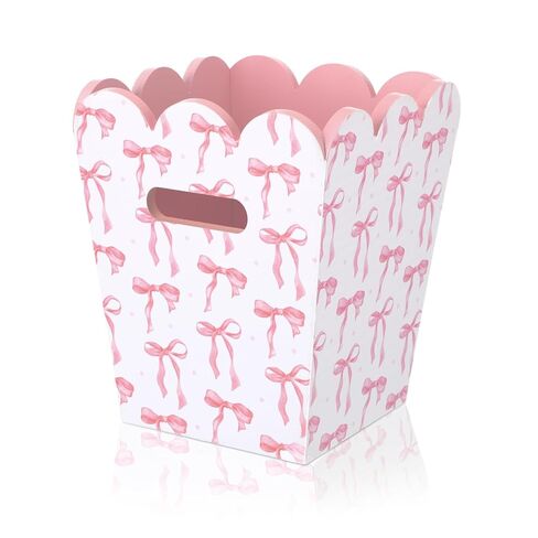 Leinuosen Pink Bow Trash Can with Handle, Cute Scalloped Wooden Farmhouse Decorative Waste Bin for Girl's Room, Nursery, Bedroom, Vanity & Bathroom Decor, 7.5 x 7.5 x 9.5 Inch in Kuwait