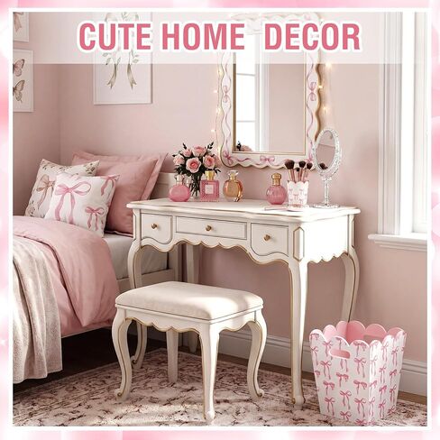 Leinuosen Pink Bow Trash Can with Handle, Cute Scalloped Wooden Farmhouse Decorative Waste Bin for Girl's Room, Nursery, Bedroom, Vanity & Bathroom Decor, 7.5 x 7.5 x 9.5 Inch in Kuwait