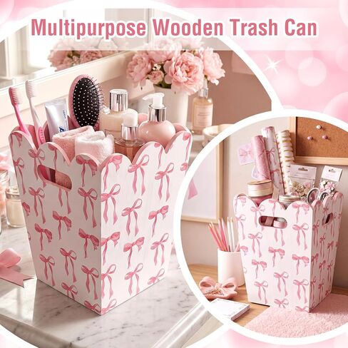 Leinuosen Pink Bow Trash Can with Handle, Cute Scalloped Wooden Farmhouse Decorative Waste Bin for Girl's Room, Nursery, Bedroom, Vanity & Bathroom Decor, 7.5 x 7.5 x 9.5 Inch in Kuwait