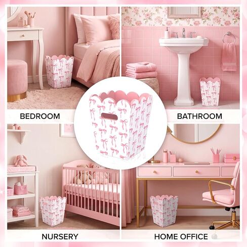 Leinuosen Pink Bow Trash Can with Handle, Cute Scalloped Wooden Farmhouse Decorative Waste Bin for Girl's Room, Nursery, Bedroom, Vanity & Bathroom Decor, 7.5 x 7.5 x 9.5 Inch in Kuwait