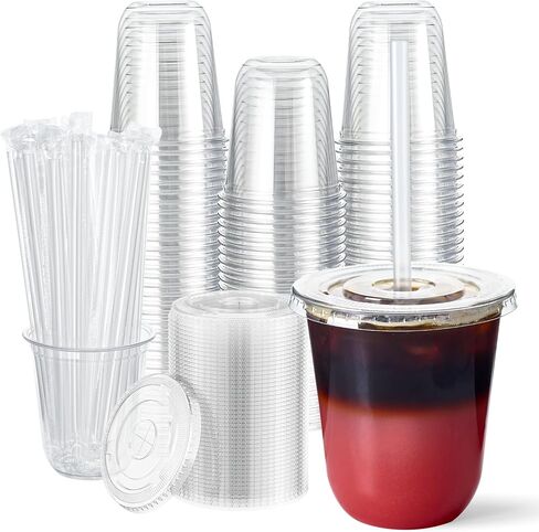 Vplus 100 Sets 16 oz Plastic Cups with Lids and Straws, Disposable Plastic Iced Coffee Cups with Lids for Cold Beverages, Juice, Milkshakes, Coffee Shops, Parties and Daily Use in Kuwait