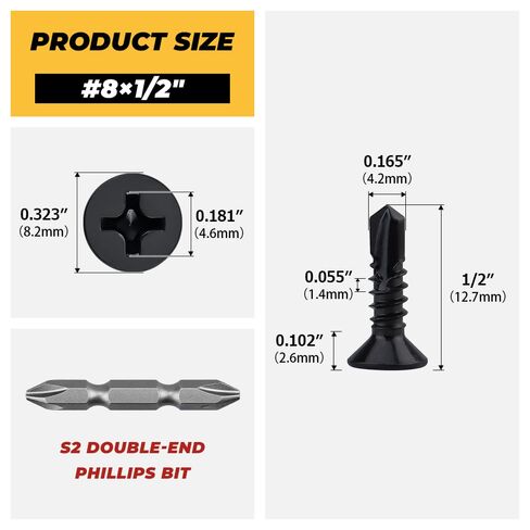 200pk #8 × 1/2 بوصة براغي معدنية ذاتية الحفر برأس مسطح أسود، 410 SS | تتضمن لقمة فيليبس 50 مم، فولاذ مقاوم للصدأ 410 مقوى، براغي Tek ذاتية التنصت مطلية باللون الأسود للمعادن in Kuwait