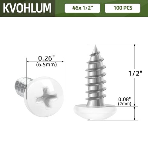 100 PCS #6 x 1/2" White Head Sheet Metal Screws, Pan Head Phillips Fast Self Tapping Screws, Round Head Wood Screws, Screwdriver Bit Included in Kuwait
