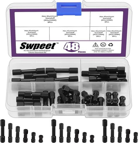 مجموعة متنوعة من أعمدة فاصل المواجهة من الألومنيوم 48 قطعة من Swpeet، 6 مقاسات M3، M3 × 10/15/20/25/30/35 مم، عمود توصيل سداسي، مسامير سداسية فاصلة لطائرات RC، الطائرة بدون طيار، CN، FPV in Kuwait