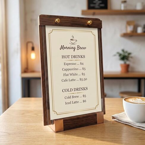 1 Pack Classy Sign Holder 8.5 x 11 with Slanted Wooden Base, Vertical Countertop Menu Display Stand for Coffee Shop, Bakery, Retail, Wedding in Kuwait
