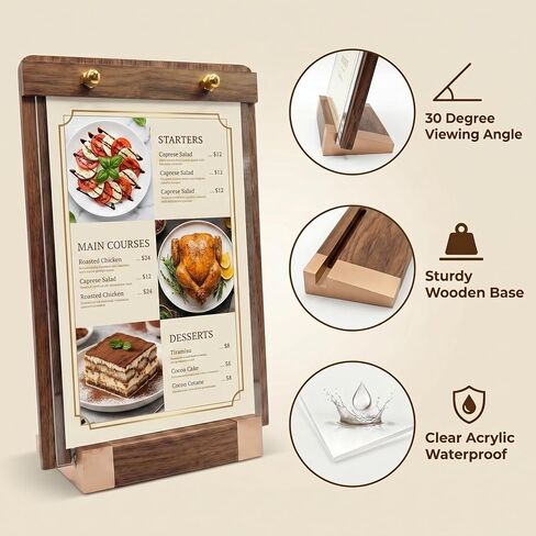 1 Pack Classy Sign Holder 8.5 x 11 with Slanted Wooden Base, Vertical Countertop Menu Display Stand for Coffee Shop, Bakery, Retail, Wedding in Kuwait
