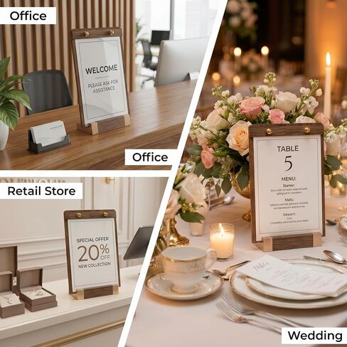 1 Pack Classy Sign Holder 8.5 x 11 with Slanted Wooden Base, Vertical Countertop Menu Display Stand for Coffee Shop, Bakery, Retail, Wedding in Kuwait