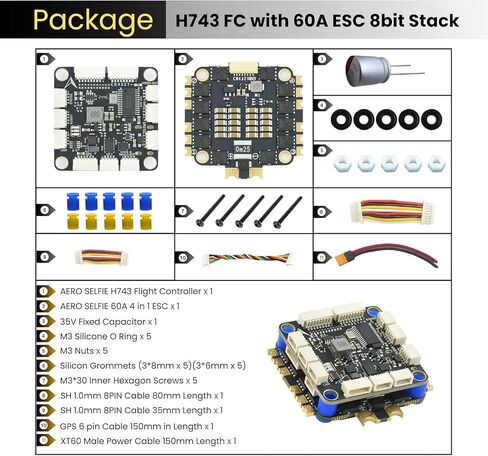 AERO SELFIE H743 Flight Controller with 60A 8 bit ESC 30x30 Stack: Supports 2-6S LiPo, Dual IMU, Compass, Barometer, Compatible with Betaflight, INAV, PX4, Ardupilot for FPV & Racing Drones in Kuwait