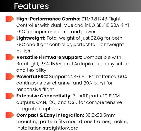 AERO SELFIE H743 Flight Controller with 60A 8 bit ESC 30x30 Stack: Supports 2-6S LiPo, Dual IMU, Compass, Barometer, Compatible with Betaflight, INAV, PX4, Ardupilot for FPV & Racing Drones in Kuwait