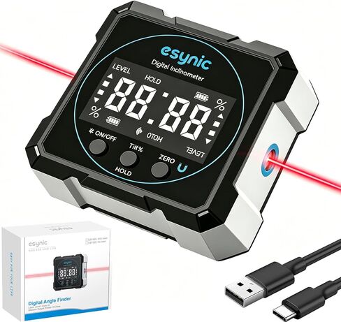 محدد زاوية رقمي مقاوم للماء IP54 من eSynic مع صندوق مستوى محمول بالليزر من النوع C قابل لإعادة الشحن بأربعة جوانب قياس زاوية مغناطيسي بإضاءة خلفية LCD لأعمال النجارة/البناء/النجارين (مستوى الليزر: الفئة الثانية) in Kuwait