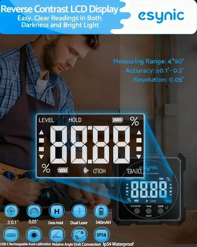 محدد زاوية رقمي مقاوم للماء IP54 من eSynic مع صندوق مستوى محمول بالليزر من النوع C قابل لإعادة الشحن بأربعة جوانب قياس زاوية مغناطيسي بإضاءة خلفية LCD لأعمال النجارة/البناء/النجارين (مستوى الليزر: الفئة الثانية) in Kuwait