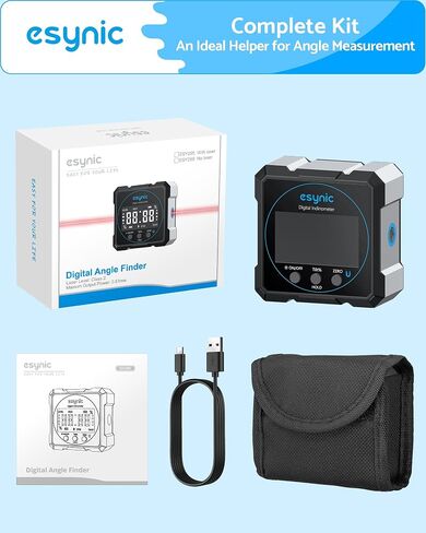محدد زاوية رقمي مقاوم للماء IP54 من eSynic مع صندوق مستوى محمول بالليزر من النوع C قابل لإعادة الشحن بأربعة جوانب قياس زاوية مغناطيسي بإضاءة خلفية LCD لأعمال النجارة/البناء/النجارين (مستوى الليزر: الفئة الثانية) in Kuwait