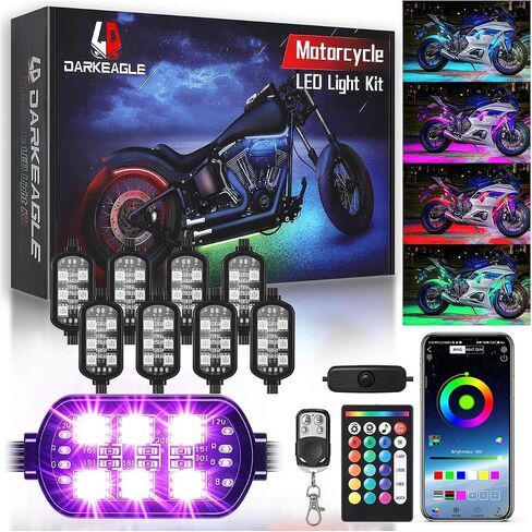 مجموعة مصابيح LED للدراجات النارية 12 بود مع إشارة انعطاف الفرامل، مجموعة إضاءة LED للدراجة النارية مع جهاز تحكم عن بعد APP/RF، منطقة مزدوجة RGB نيون متعدد الألوان 12 فولت مقاومة للماء لهارلي هوندا كاواساكي ياماها in Kuwait