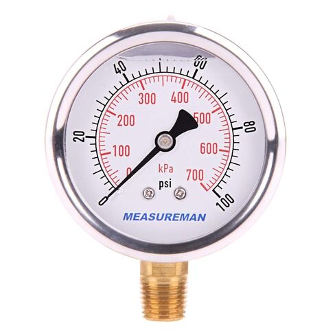 مقياس الضغط المملوء بالجلسرين من MEASUREMAN، 0-100psi/kpa، مع محول قياس النحاس 1/4NPT طقم قياس الضغط الأنثوي in Kuwait
