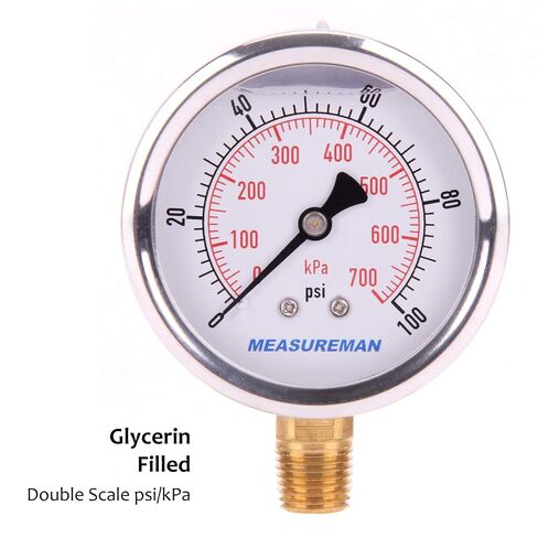 مقياس الضغط المملوء بالجلسرين من MEASUREMAN، 0-100psi/kpa، مع محول قياس النحاس 1/4NPT طقم قياس الضغط الأنثوي in Kuwait