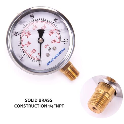 مقياس الضغط المملوء بالجلسرين من MEASUREMAN، 0-100psi/kpa، مع محول قياس النحاس 1/4NPT طقم قياس الضغط الأنثوي in Kuwait