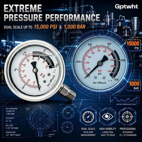 G2535L Hydraulic Pressure Gauge, Dual Scale Ranging from 0 to 15,000 PSI and 0 to 1000 Bar, Diameter 2-1/2 Inches, 1/4 Inch Nptf Male Connector, +/-1.5% Accuracy，Replacement for Enerpac G2535l in Kuwait