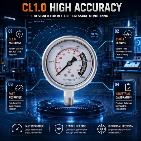 G2535L Hydraulic Pressure Gauge, Dual Scale Ranging from 0 to 15,000 PSI and 0 to 1000 Bar, Diameter 2-1/2 Inches, 1/4 Inch Nptf Male Connector, +/-1.5% Accuracy，Replacement for Enerpac G2535l in Kuwait
