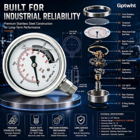 G2535L Hydraulic Pressure Gauge, Dual Scale Ranging from 0 to 15,000 PSI and 0 to 1000 Bar, Diameter 2-1/2 Inches, 1/4 Inch Nptf Male Connector, +/-1.5% Accuracy，Replacement for Enerpac G2535l in Kuwait