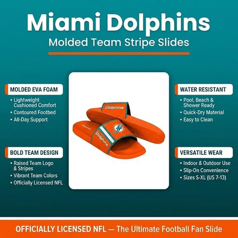 صنادل FOCO Miami Dolphins للرجال من إسفنج EVA مصبوب من الدوري الوطني لكرة القدم الأمريكية | مقاوم للماء، مرخص رسميًا in Kuwait