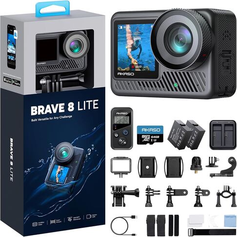 كاميرا AKASO Brave 8 Lite مقاومة للماء مع فيديو 4K60 فائق الدقة، صور 20 ميجابكسل، HDR، شاشة تعمل باللمس، تثبيت SuperSmooth، حركة بطيئة 8X، تكبير، زاوية واسعة للغاية، جهاز تحكم عن بعد وملحقات in Kuwait