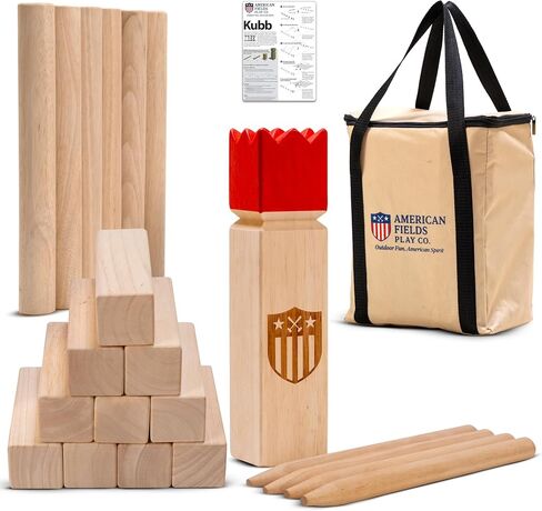 مجموعة ألعاب Kubb Yard - مجموعة شطرنج الفايكنج مع مكعبات خشبية فاخرة، لعبة الرمي في الهواء الطلق بحجم منظم، حقيبة حمل متينة للفناء الخلفي والشاطئ والتخييم والبالغين والأطفال والعائلة in Kuwait