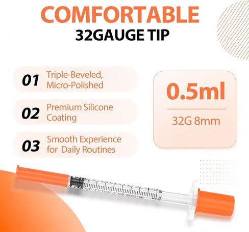 0.5ml U-100 Syringes with 32G 5/16" (8mm), Easy-Read Scale, Smooth Glide Motion, Minimal Waste Design, Individually Sealed, 100 Pack in Kuwait