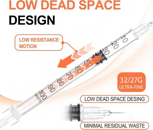 0.5ml U-100 Syringes with 32G 5/16" (8mm), Easy-Read Scale, Smooth Glide Motion, Minimal Waste Design, Individually Sealed, 100 Pack in Kuwait