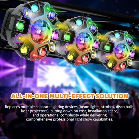 Moving Head DJ Lights, 5in1 Stage Effect Light with 6-Arm LED Beam, Disco Ball, Starry Projection, Strobe, Colorful Light Strip, Support DMX-512 & Remote for Party DJs Gig Bar Club Wedding in Kuwait