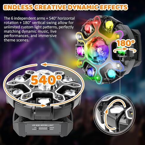 Moving Head DJ Lights, 5in1 Stage Effect Light with 6-Arm LED Beam, Disco Ball, Starry Projection, Strobe, Colorful Light Strip, Support DMX-512 & Remote for Party DJs Gig Bar Club Wedding in Kuwait