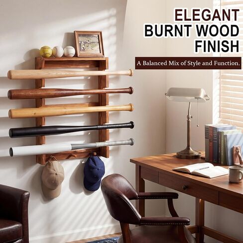 Threehoney 5-Tier Baseball Bat Rack Wall Mounted, Wooden Baseball Bat Holder Display Shelf with Trophy Top Caps Hooks, Sports Memorabilia Storage for 5 Bats 5 Balls Rustic Wood Hanger Organizer in Kuwait