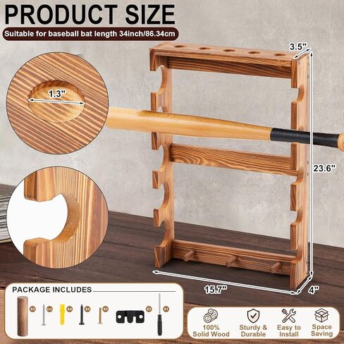 Threehoney 5-Tier Baseball Bat Rack Wall Mounted, Wooden Baseball Bat Holder Display Shelf with Trophy Top Caps Hooks, Sports Memorabilia Storage for 5 Bats 5 Balls Rustic Wood Hanger Organizer in Kuwait