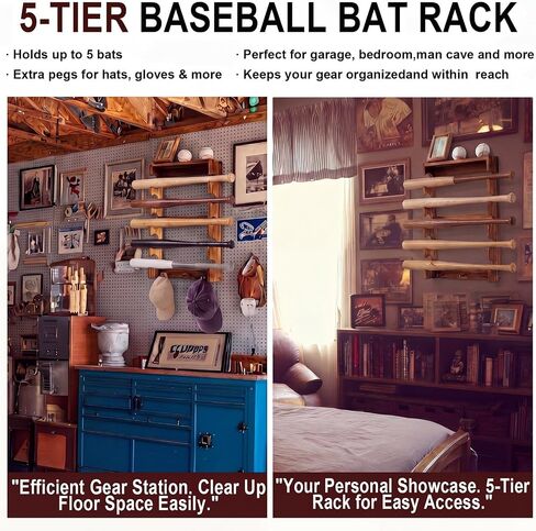 Threehoney 5-Tier Baseball Bat Rack Wall Mounted, Wooden Baseball Bat Holder Display Shelf with Trophy Top Caps Hooks, Sports Memorabilia Storage for 5 Bats 5 Balls Rustic Wood Hanger Organizer in Kuwait
