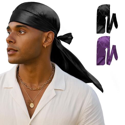 YFONG 100% 22 Momme Mulberry Silk Durags للرجال والنساء، مسامية وناعمة لـ 360 موجة، قطعتان، أسود وأرجواني in Kuwait