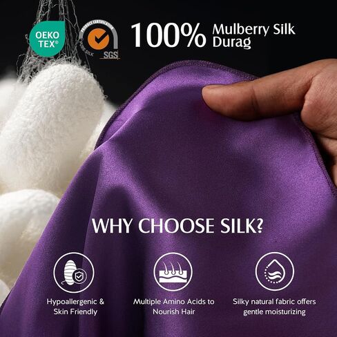 YFONG 100% 22 Momme Mulberry Silk Durags للرجال والنساء، مسامية وناعمة لـ 360 موجة، قطعتان، أسود وأرجواني in Kuwait