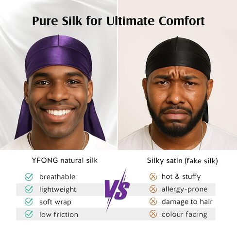 YFONG 100% 22 Momme Mulberry Silk Durags للرجال والنساء، مسامية وناعمة لـ 360 موجة، قطعتان، أسود وأرجواني in Kuwait