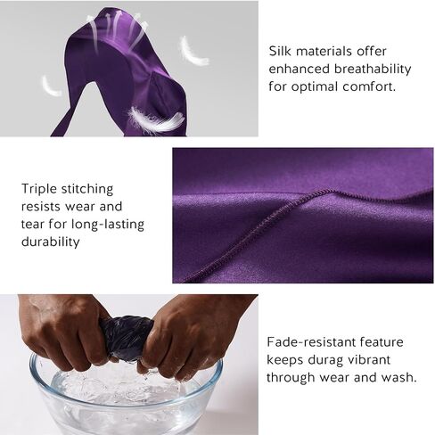YFONG 100% 22 Momme Mulberry Silk Durags للرجال والنساء، مسامية وناعمة لـ 360 موجة، قطعتان، أسود وأرجواني in Kuwait